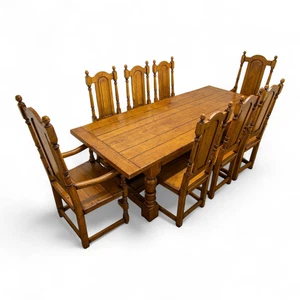 Vintage Oak Refectory Dining Table & 8 Chairs Set – 17th C Style – Solid Heavy - Picture 1 of 8