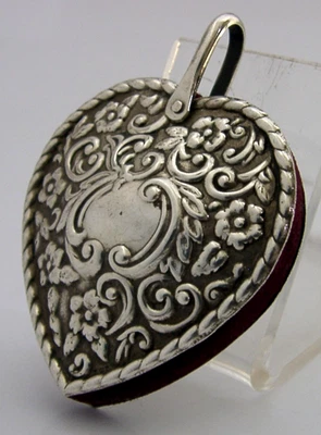 ENGLISH STERLING SILVER LOVE HEART PIN CUSHION SEWING NEEDLEWORK 1992 - Image 1 of 4