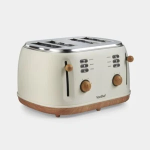 4 Slice Toaster Home Kitchen Wide Slot Bread Toasters Scandi Style Cream & Wood - Picture 1 of 8