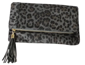 Purse Handbag Grey Black Animal Print Suede Foldover Bag Clutch - Picture 1 of 6