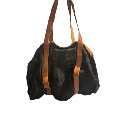 Bolsa satchel vintage década de 1970 feita na França couro e malha - Imagem 1 de 4