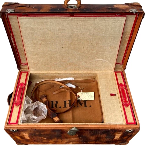 Antique Leather Herman Ahrend Newark NJ Trunk COMPLETE Rare ! History Nice Cond Cover