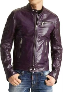 BOMBER Biker New Men's Purple Jacket 100% Real Lambskin Motorcycle Biker Jacket - Picture 1 of 4