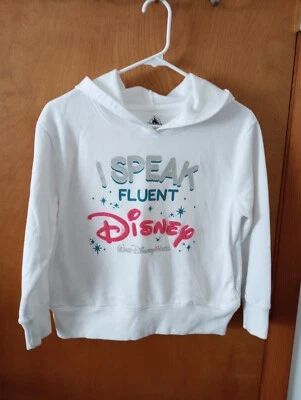 Girl's Disney Parks Cotton Blend White LS Hoodie Glittery Silver Pink Lettering - Image 1 of 4