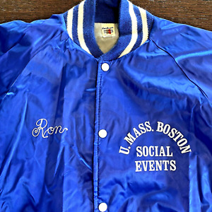 Vintage Satin Jacket Large "Ron" Chainstitch Detail Blue Boston Fordham Lined