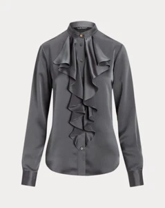 New Lauren Women's Ralph Lauren Ruffle Trim Satin Charmeuse Shirt Blouse $155 L - Picture 1 of 3