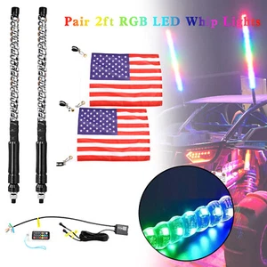 2X 2ft RGB LED APP Whip Lights Antenna W/ Flag Remote Control Polaris UTV ATV E1 - Picture 1 of 8