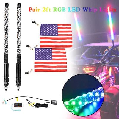 2X 2ft RGB LED APP Whip Lights Antenna W/ Flag Remote Control Polaris UTV ATV E1 - Image 1 of 4