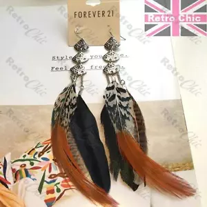 18cm long FEATHER EARRINGS black/natural/brown FEATHERS silver tone F21 bird - Picture 1 of 4