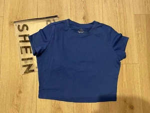Shein Royal Bright Blue Short Sleeve Cropped Fitted Short Top Size Large - Picture 1 of 1