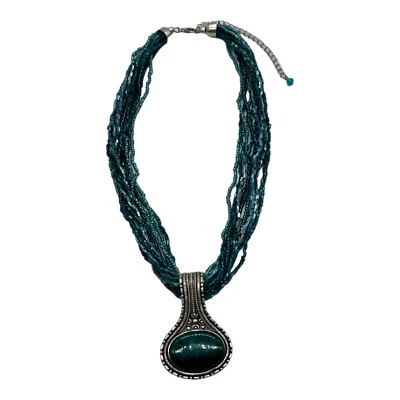 "Collar colgante tono plateado con cuentas de vidrio verde turquesa aguamarina 9"" - 11""" Foto 1 de 4