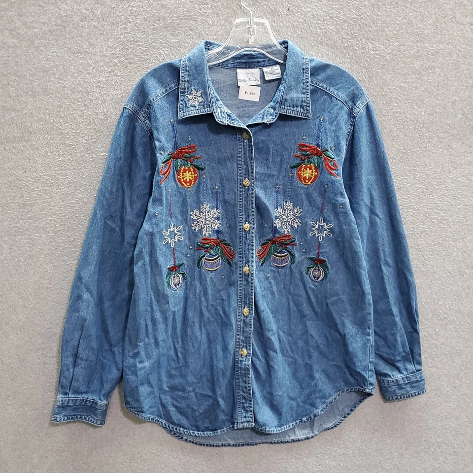 Bobbie Brooks Women Top Medium Blue Denim Embroidered Holidays Button Up Collar - Image 1 of 4