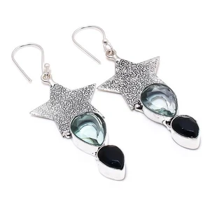 Aqua Apatite, Spinel Gemstone 925 Sterling Silver Jewelry Earring 2.56 " - Picture 1 of 5