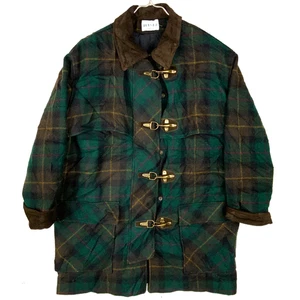 Vintage 1980s Wool Fireman's Jacket Women's XL Green Snap Button Plaid Made Usa - Picture 1 of 3