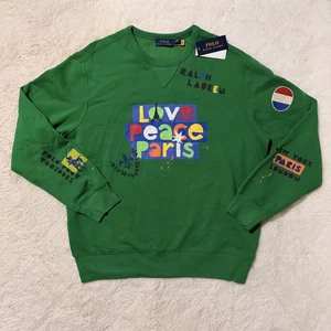 Polo Ralph Lauren Herren L Fleece Sweatshirt Grün Love Peace Paris Grafik Neu mit Etikett - Bild 1 von 12