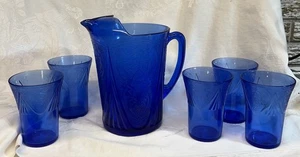 HAZEL ATLAS ROYAL LACE COBALT BLUE PITCHER with 5 FLAT TUMBLERS - EXC - Picture 1 of 6