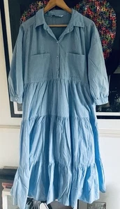 Zara Light Blue Tiered Midi Buttoned Shirt Dress - XL - Picture 1 of 11