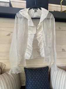 VTG Lauren Ralph Lauren Ivory Ruffle Blouse Cardigan Chiffon Poet Coquette READ - Picture 1 of 15