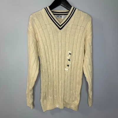 Cherokee Vintage Tennis V-Neck Cable Knit Sweater Cream Cotton Men's M  - Image 1 of 4