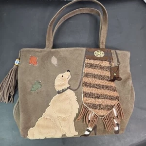 St John's Bay Fall Theme Suede Purse -  Lady Walking A Dog Fringe Brown Leaves - Picture 1 of 6