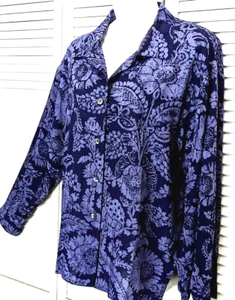 VTG JAEGER London Long Sleeve Blouse Womens Large Navy Blue floral Rayon Wool - Picture 1 of 12