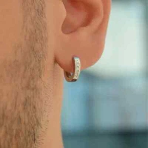 Men's Hoop Earring 14k White Gold Plated Silver Round Cut Lab Created Diamond - Picture 1 of 5