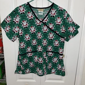 TAFFORD Women's Green Santa Ho Ho Ho Snowflake CHRISTMAS SCRUB TOP Medium Cotton - Picture 1 of 9