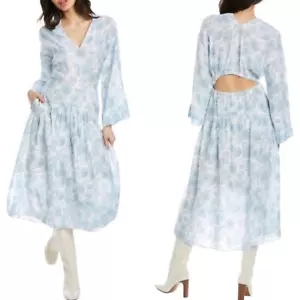 Vince NWT Dahlia Long-Sleeve Double V-Neck Midi Dress Size S Blue Floral Cutout - Picture 1 of 11