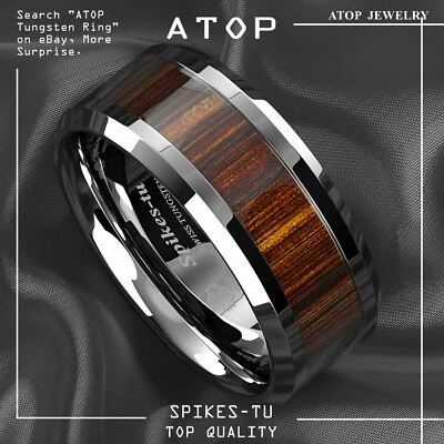 8mm ATOP Men's Tungsten Carbide Ring Wood Inlay Beveled edge Wedding Band Ring - Image 1 of 4