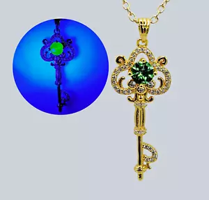 Uranium Glass 5mm Key CZ Necklace Gold Toned Sterling Silver Vintage UV Jewelry - Picture 1 of 20