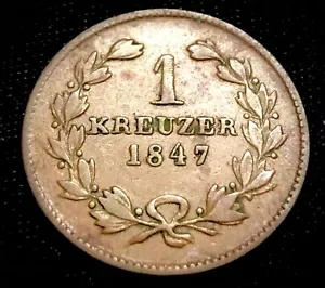 German States Baden 1 Kreuzer 1847. World Coin. 21.5mm KM218 - Picture 1 of 4