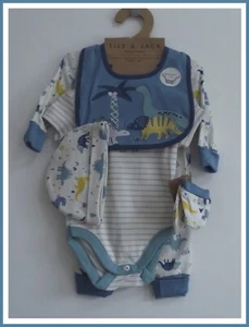 Baby Boys 5 Piece Dinosaur Starter Set Blue Cotton Layette Newborn - 6 Month NEW - Picture 1 of 14