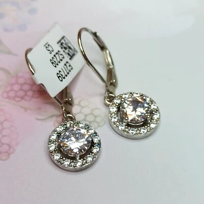 Silver Zirconia Earrings Clear Quartz Round Drop Sterling Timeless Classic Gift - Image 1 of 4