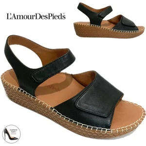 L'Amour Des Pieds Yahya Black Leather Wedge Platform Ankle Strap Sandals 8.5 - Picture 1 of 12