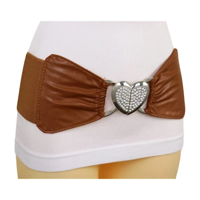Women Brown Wide Faux Leather Elastic Fashion Belt Silver Heart Love Buckle S M - Image 1 of 4