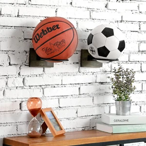 Wall Mounted Gray Wood / Black Metal Gym Sports Ball Basketball Display Rack - Picture 1 of 7