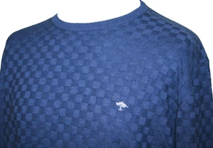 Fynch-Hatton Mens Checkerboard Knit Jumper - XL - Blue -Superior Cotton Crew Top - Picture 1 of 12
