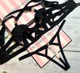 Victoria's Secret Strappy Banded Unlined Criss Cross Balconet Bra Thong Set