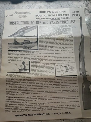 Rifle Remington Modelo 700 1969 instrucciones originales de fábrica/lista de piezas Foto 1 de 4