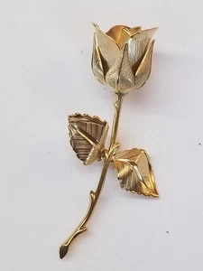 Vintage Giovanni Single Stem Rose Bloom Brooch Pin Brushed Gold Tone Dimensional - Picture 1 of 7