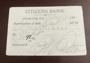 Tarjeta de memorándum de oro 1880 Nevada City California para Gold Bar Citizens Bank RARA - Imagen 1 de 2