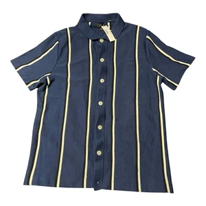 J.Crew Shirt Mens Medium Blue Vertical Stripe Knit Button Front Camp Collar - Picture 1 of 5