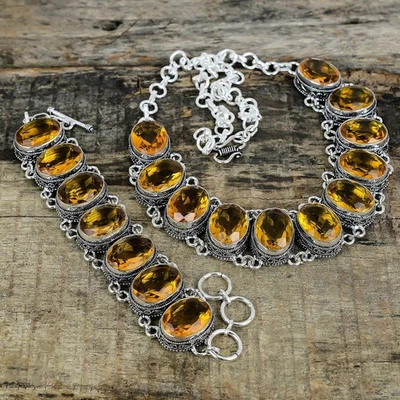 Stupefacente Miele Topazio Gemma 925 Argento Gioielli Set Collana Braccialetto - Immagine 1 di 4