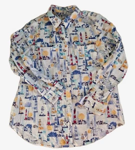 VTG CHICO'S 1(M-10) White Lighthouse Print Shirt Ls - Picture 1 of 3