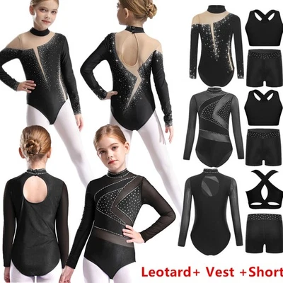 Gymnastics Leotards for Girls Sparkly Long Sleeve Unitard Vest Tops with Shorts - Image 1 of 3