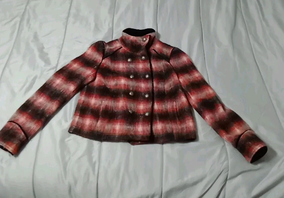 Chaqueta de Lana Free People Roja a Cuadros Militar Negro Terciopelo Borde Doble Pecho M Foto 1 de 4