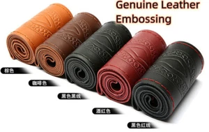 38  DIY Emboss Genuine Leather Auto Car Steering Wheel Cover Case Needles Thread - Picture 1 of 9