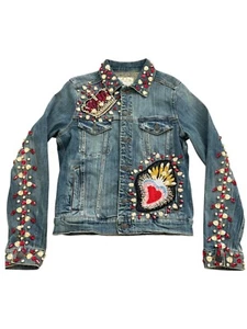 Aeropostale XS Herren Jeansjacke mit Verzierung und Perlenherz & Cherub Details - Bild 1 von 6