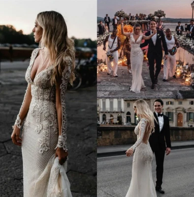 V Neck Mermaid Wedding Dresses with Long Sleeves Lace Applique Bohemian Wedding - Image 1 of 4