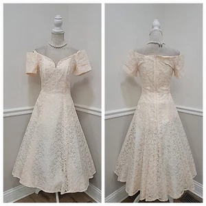 VTG'80s Ivory Lace/ Peach Satin Prom Formal Evening Dress/Sweetheart Neck/Midi 6 - Picture 1 of 14